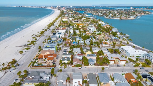 bird's eye view with a beach view and a water view