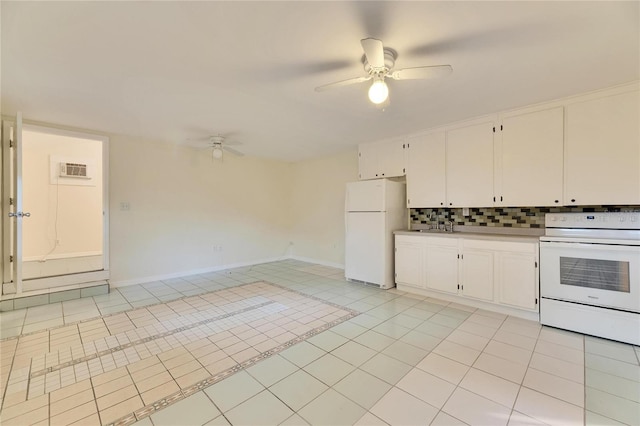 kitchen with light tile patterned floors, white appliances, ceiling fan, white cabinetry, and tasteful backsplash