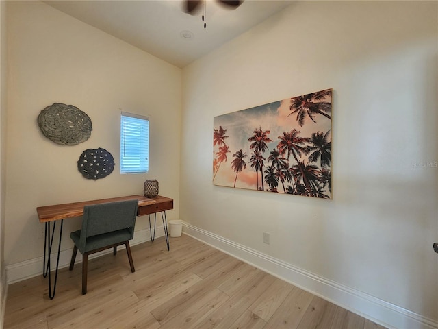 office area with ceiling fan and light hardwood / wood-style flooring