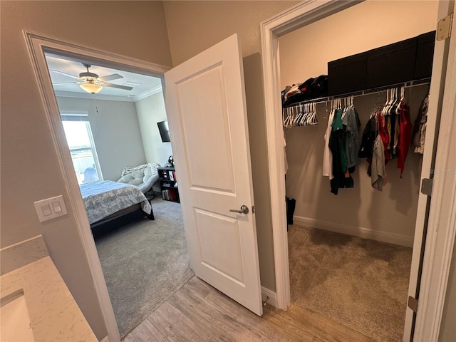 interior space featuring light carpet, ornamental molding, a closet, and ceiling fan