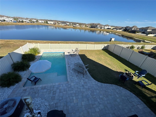 view of pool featuring a water view, a patio area, and central air condition unit