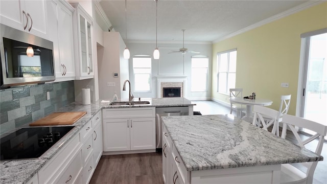 kitchen featuring sink, tasteful backsplash, ornamental molding, stainless steel appliances, and white cabinets