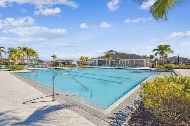 view of swimming pool featuring a patio area