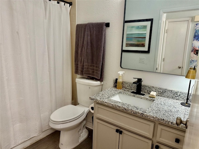 bathroom featuring vanity, a shower with curtain, and toilet