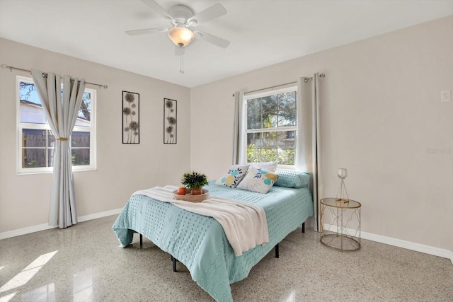 bedroom featuring multiple windows and ceiling fan