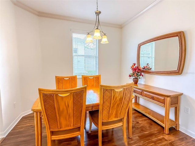 dining space featuring crown molding and dark wood-type flooring