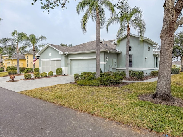 single story home featuring a garage and a front yard