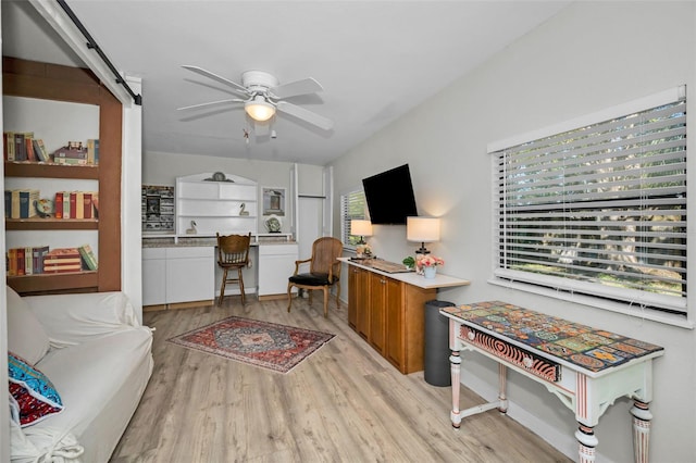 living room featuring light wood-type flooring and ceiling fan