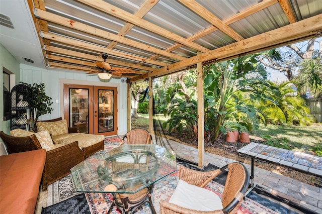 view of patio featuring outdoor lounge area, french doors, and ceiling fan