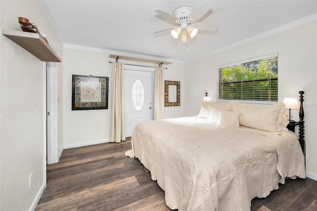 bedroom with dark wood-style floors, ceiling fan, ornamental molding, and baseboards