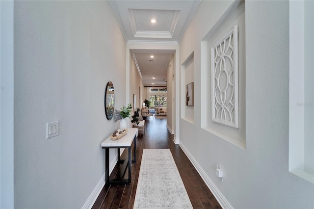 corridor featuring crown molding and dark hardwood / wood-style flooring