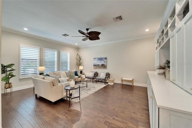 living room featuring ornamental molding, dark hardwood / wood-style floors, and ceiling fan