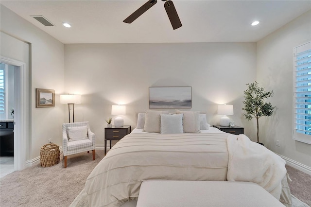 carpeted bedroom featuring ceiling fan