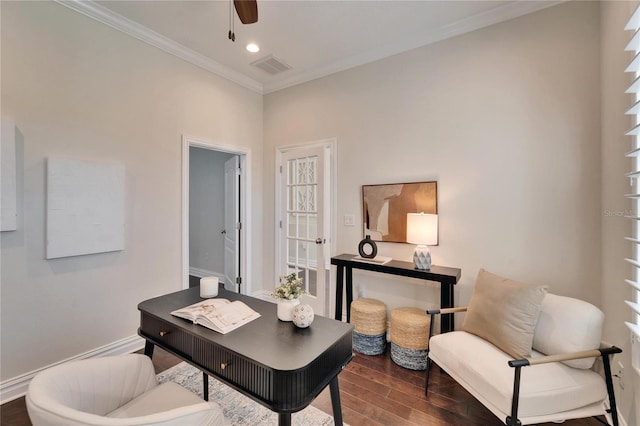 home office featuring ornamental molding and ceiling fan