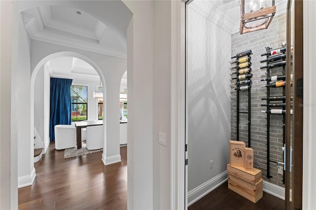 wine room featuring dark wood-style floors, baseboards, and crown molding