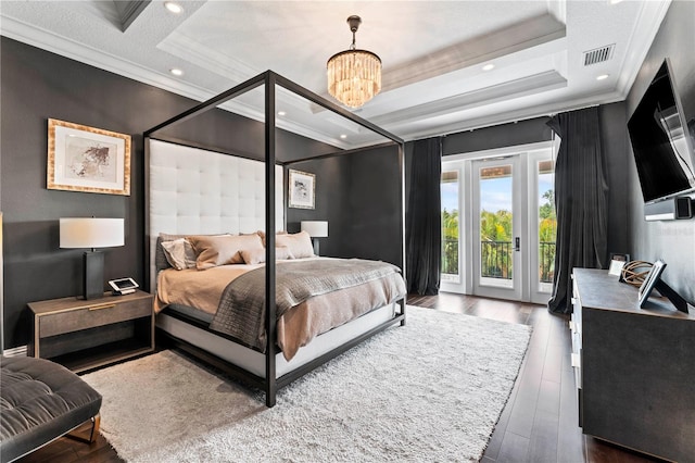 bedroom with recessed lighting, dark wood-style flooring, visible vents, access to exterior, and crown molding