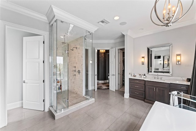 bathroom with a stall shower, baseboards, visible vents, ornamental molding, and vanity