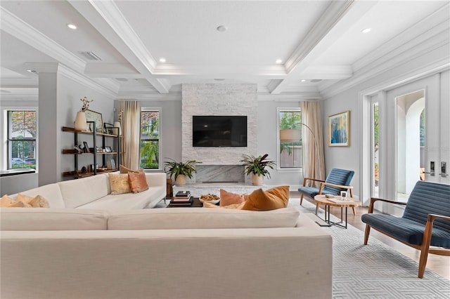 living room with ornamental molding, recessed lighting, beam ceiling, and coffered ceiling