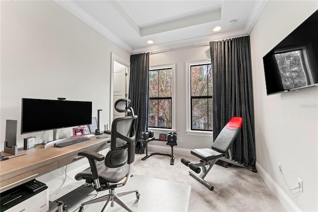 office featuring carpet floors, a tray ceiling, ornamental molding, and baseboards