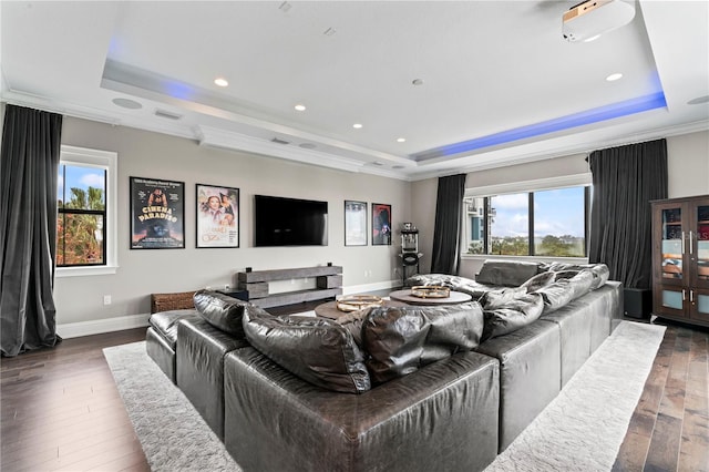 interior space featuring crown molding, baseboards, a raised ceiling, and dark wood-type flooring