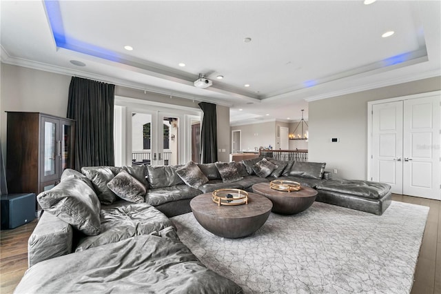 living room featuring wood finished floors, french doors, and a raised ceiling