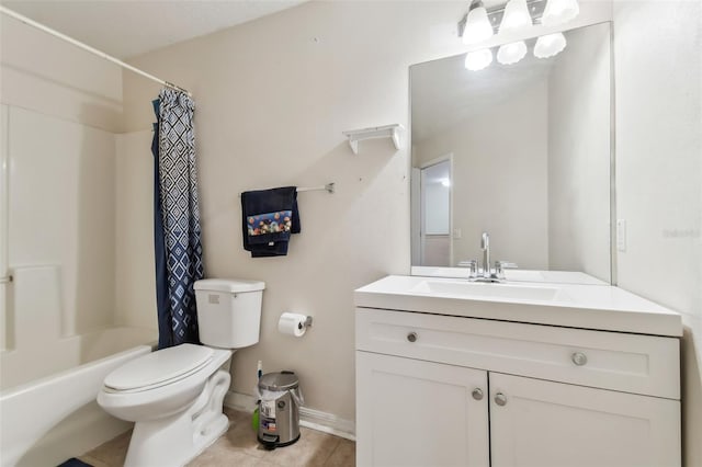 full bathroom with vanity, shower / bath combination with curtain, and toilet