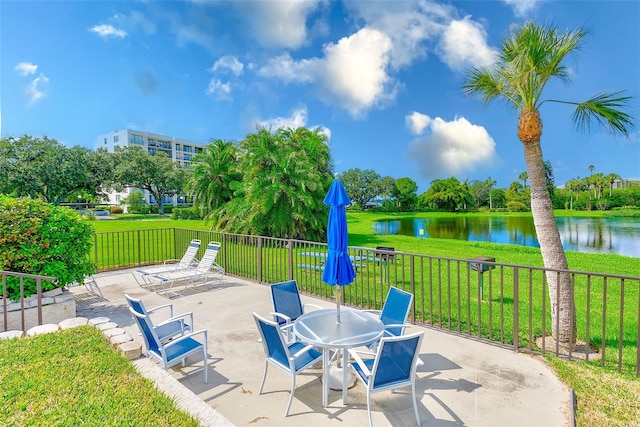 view of patio with a water view