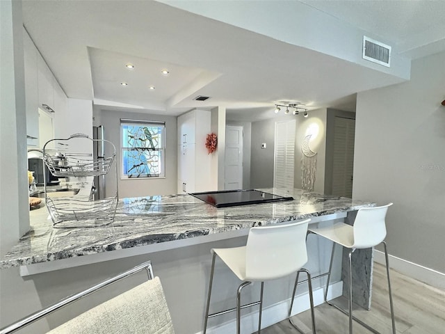 kitchen with light hardwood / wood-style floors, white cabinets, light stone counters, and a tray ceiling