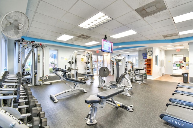 gym with a paneled ceiling and a wealth of natural light