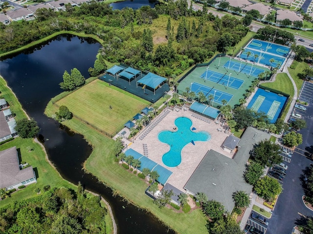 aerial view featuring a water view