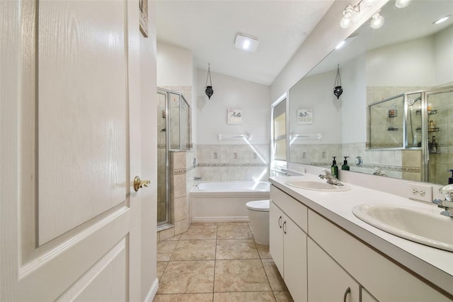 full bathroom with separate shower and tub, tile patterned floors, and toilet