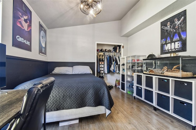 bedroom with vaulted ceiling, hardwood / wood-style floors, and a closet