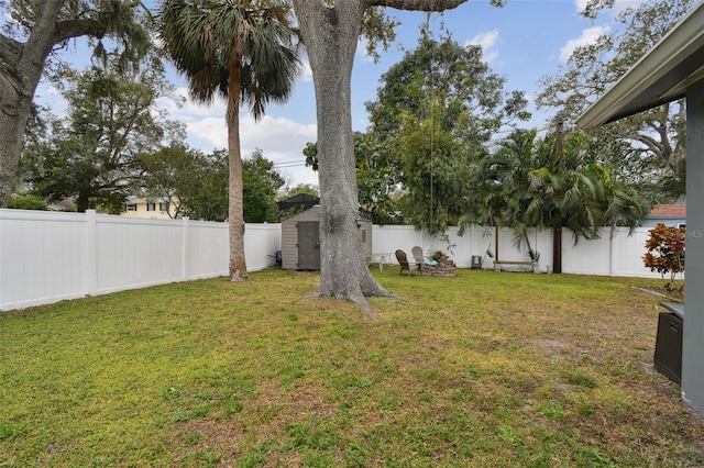 view of yard featuring a storage unit