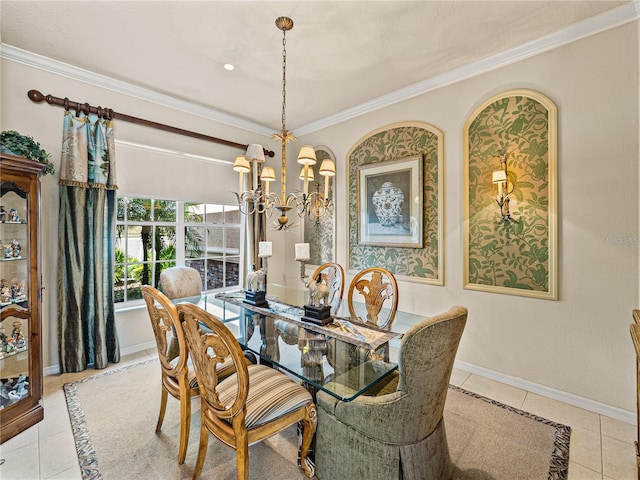 tiled dining space featuring crown molding, baseboards, and an inviting chandelier