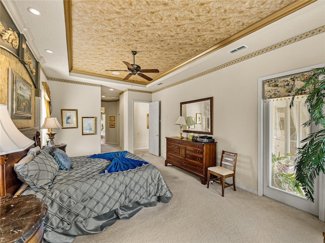 bedroom with light carpet, visible vents, a raised ceiling, crown molding, and recessed lighting