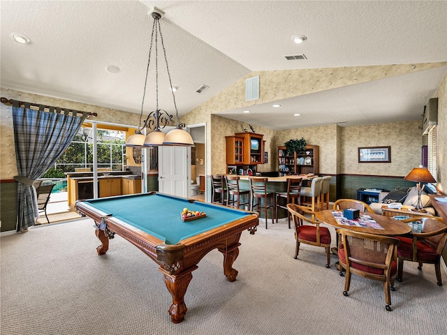 game room featuring wainscoting, vaulted ceiling, carpet flooring, and wallpapered walls