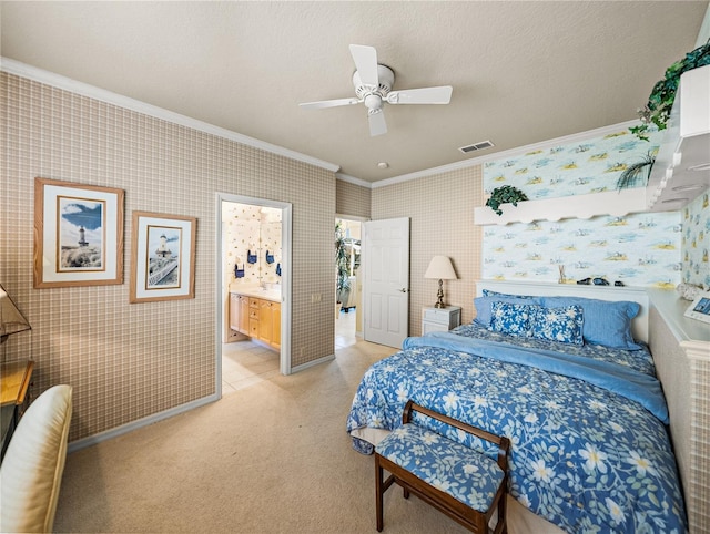 bedroom with wallpapered walls, visible vents, light colored carpet, and ornamental molding