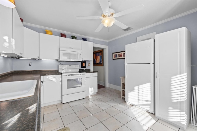 kitchen with sink, white cabinetry, crown molding, light tile patterned floors, and white appliances