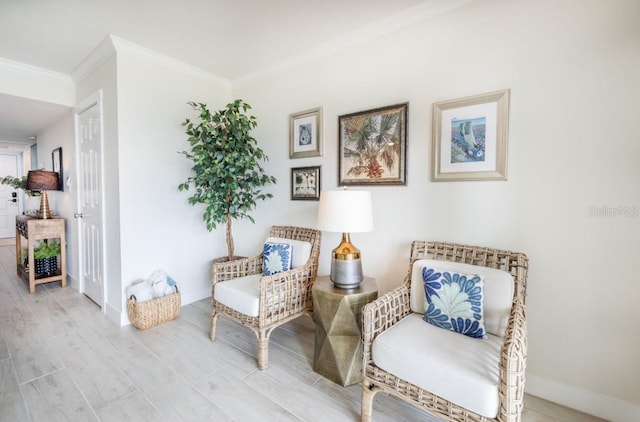 living area featuring ornamental molding