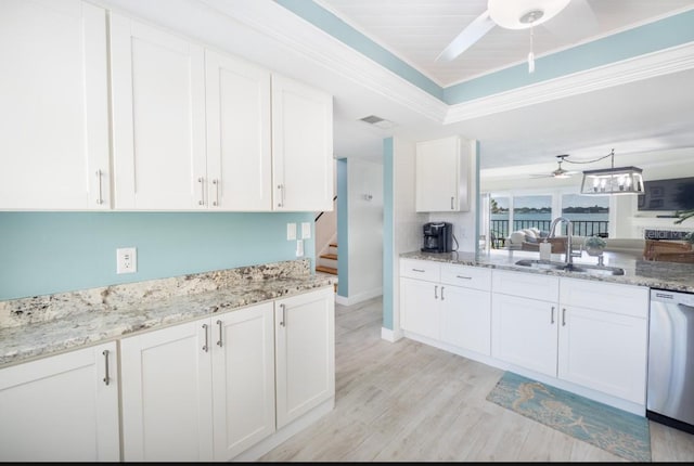 kitchen featuring white cabinetry, sink, stainless steel dishwasher, and ceiling fan