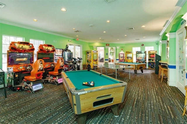 playroom featuring crown molding, billiards, and plenty of natural light