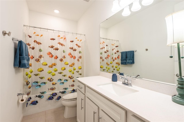 full bathroom featuring tile patterned flooring, vanity, shower / bath combo, and toilet