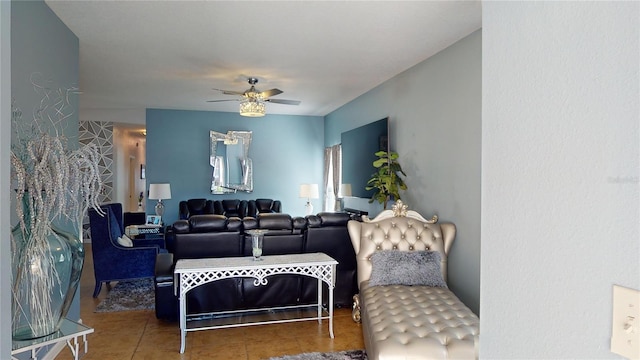 tiled living room with ceiling fan