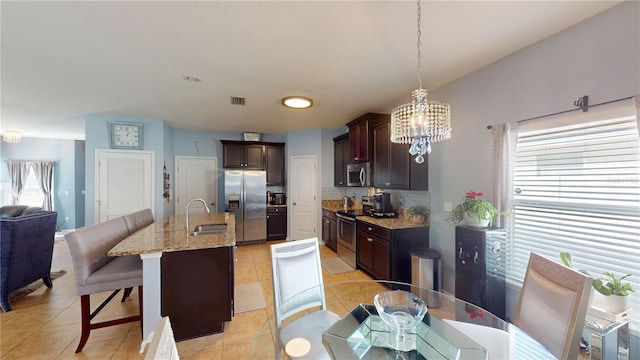 kitchen with sink, tasteful backsplash, an island with sink, pendant lighting, and stainless steel appliances