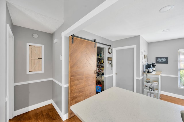 interior space with wood-type flooring and a barn door