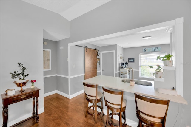 kitchen featuring lofted ceiling, sink, dark hardwood / wood-style flooring, a kitchen breakfast bar, and a barn door