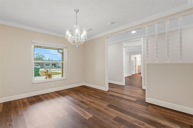 unfurnished dining area featuring ornamental molding, dark hardwood / wood-style flooring, and a notable chandelier