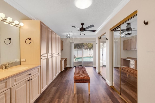 interior space with ornamental molding, sink, a textured ceiling, and dark hardwood / wood-style floors