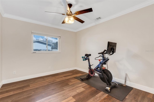 exercise area featuring dark wood-type flooring, ceiling fan, and crown molding