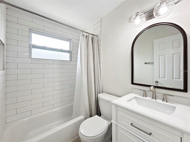 full bathroom with shower / bathtub combination with curtain, vanity, and toilet